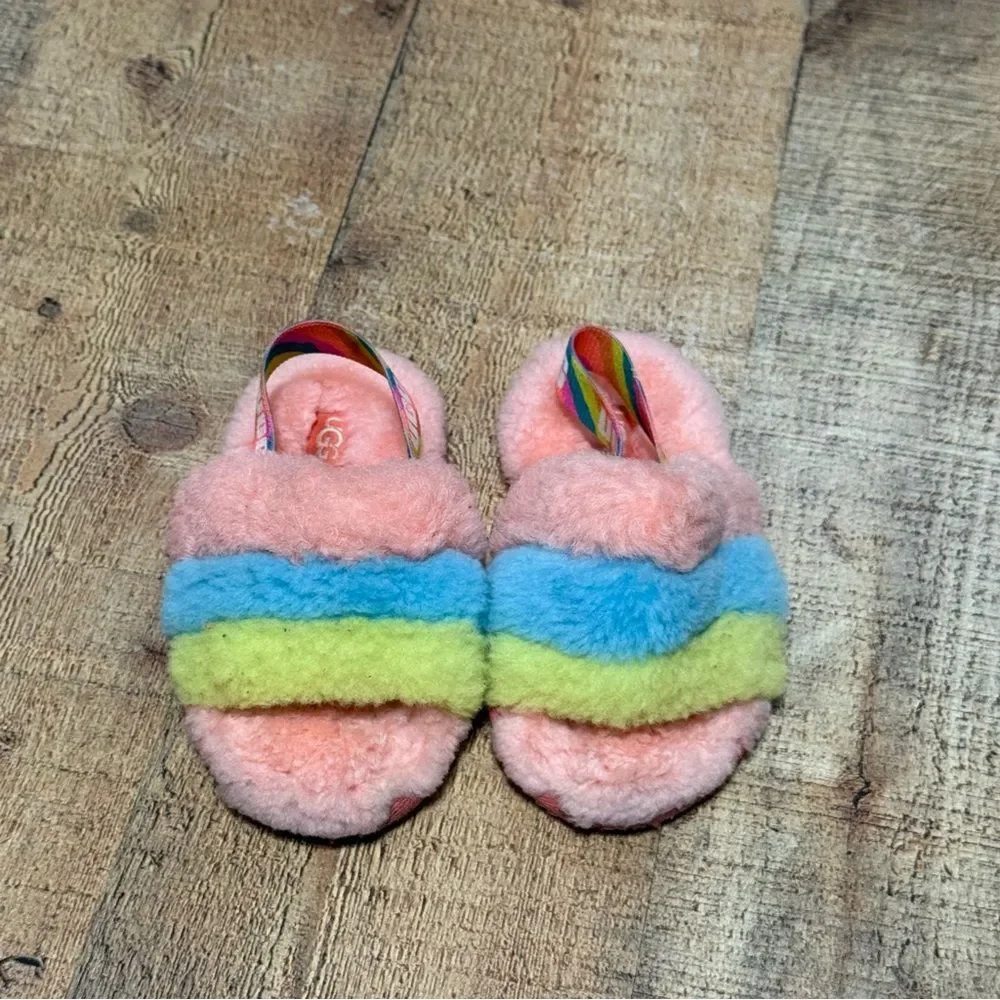 UGG FLUFF YEAH SLIDE LITTLE KID SIZE 8 PEACH BLISS MULTI SLINGBACK WOOL SANDAL